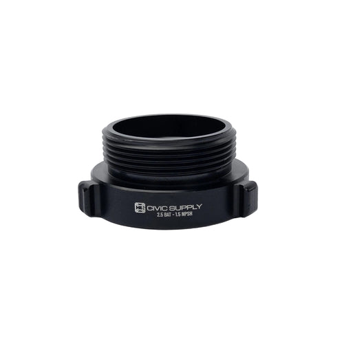 1.5-inch female NPSH to 2.5-inch male BAT aluminum fire hose adapter