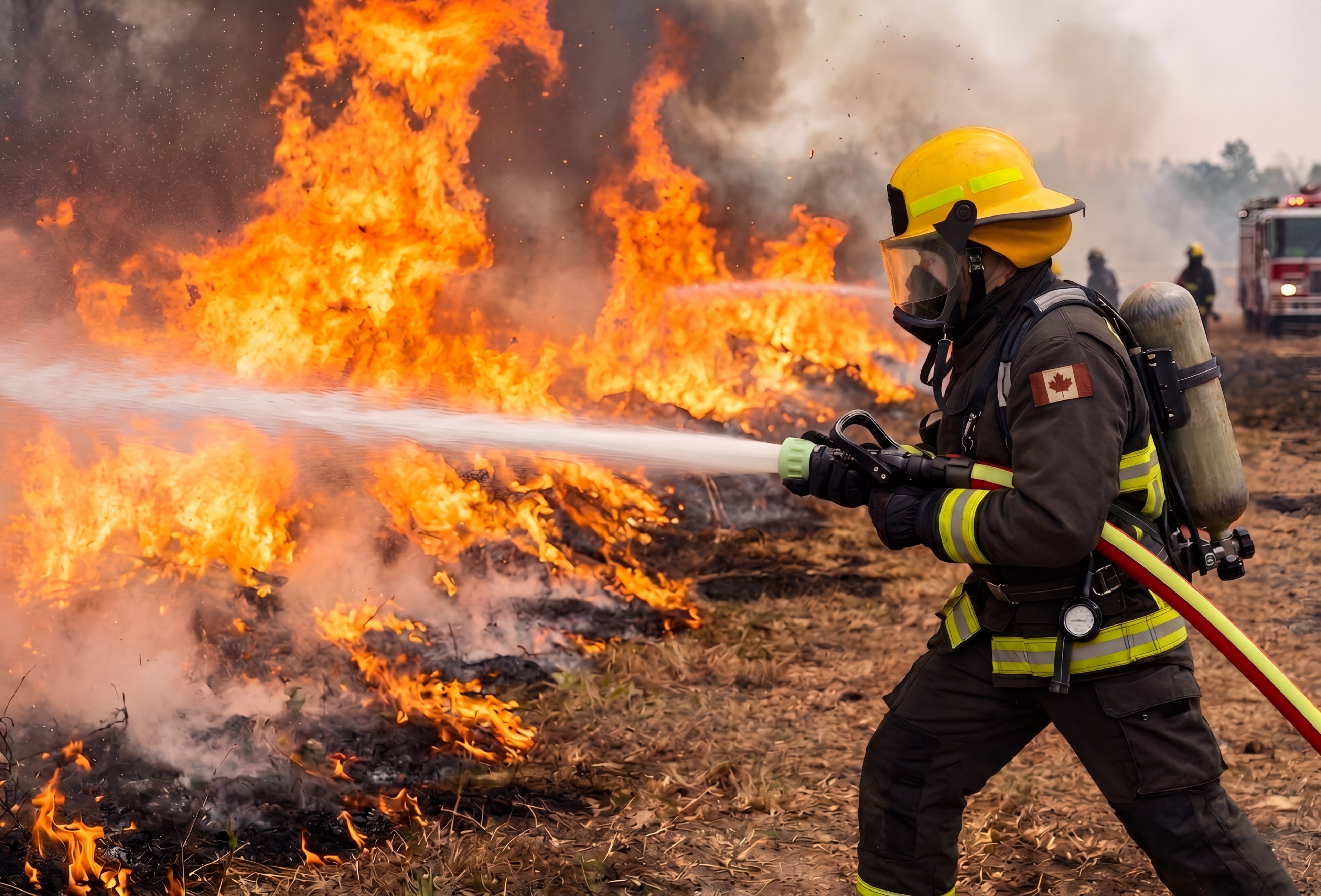 Firefighter extinguishing a large brush fire with flames and smoke in the background