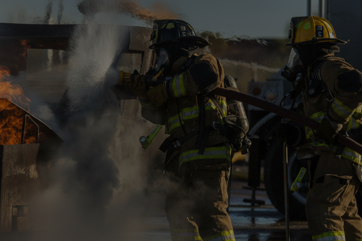 Firefighters training with smoke and flames in the background