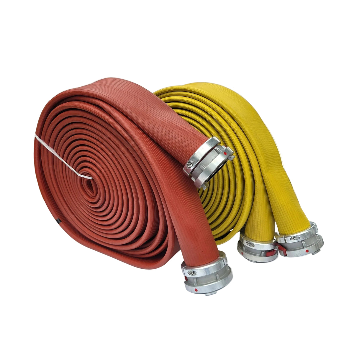 4-inch PRIMELINE nitrile supply hose, red and yellow 100 ft rolls with aluminum Storz couplings, ULC listed