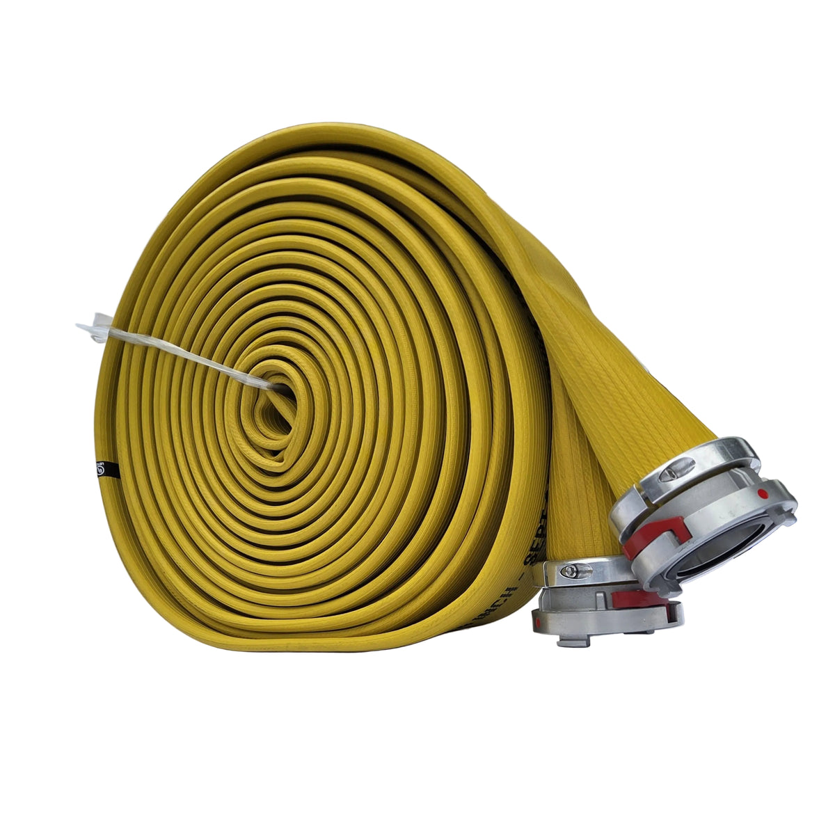 4-inch PRIMELINE yellow nitrile supply hose, 100 ft roll with aluminum Storz couplings