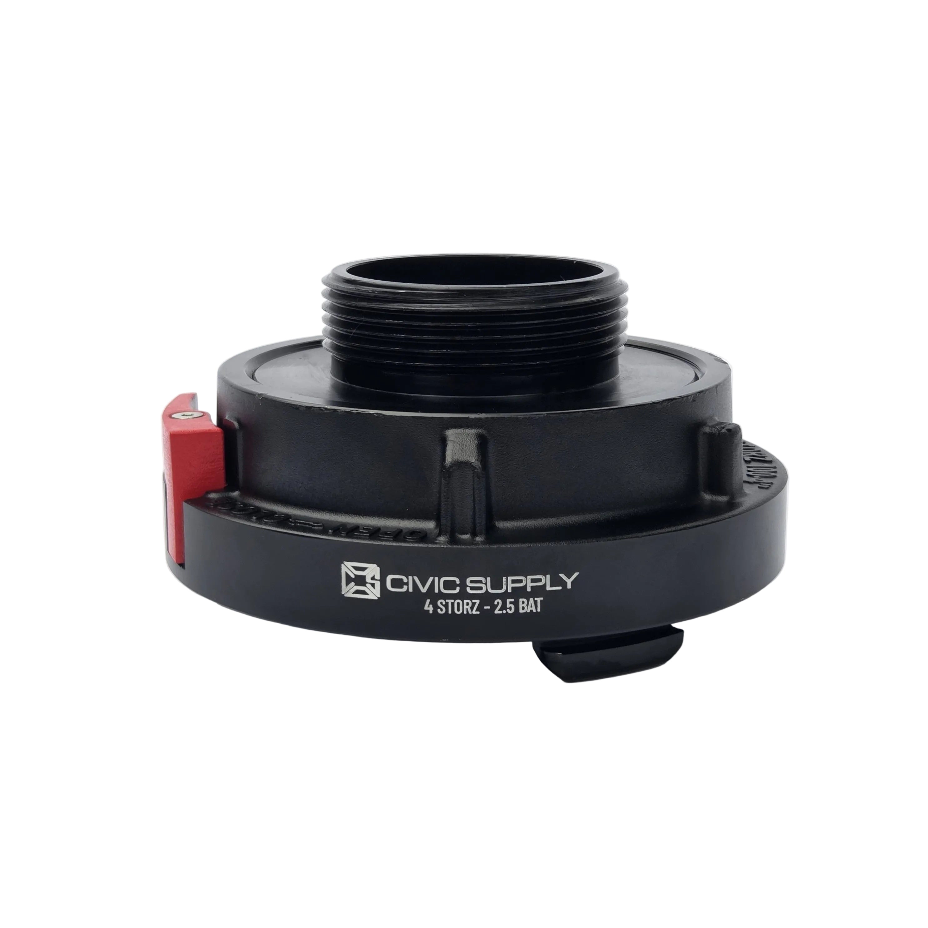 4-inch Storz to 2.5-inch male BAT aluminum fire hose adapter