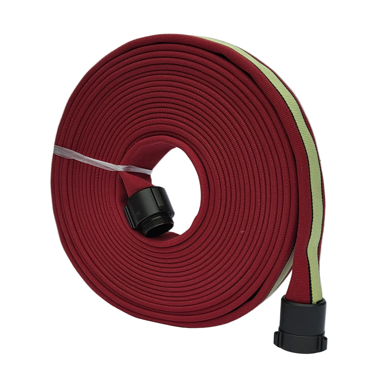 1.5-inch STRIKELINE double-jacket fire hose, red 50 ft roll with green centre stripe and black couplings