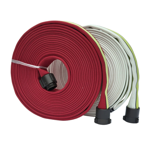 1.5-inch STRIKELINE double-jacket fire hose, red and white 50 ft rolls with green centre stripe, ULC listed