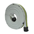 1.5-inch STRIKELINE double-jacket fire hose, white 50 ft roll with green centre stripe and black couplings