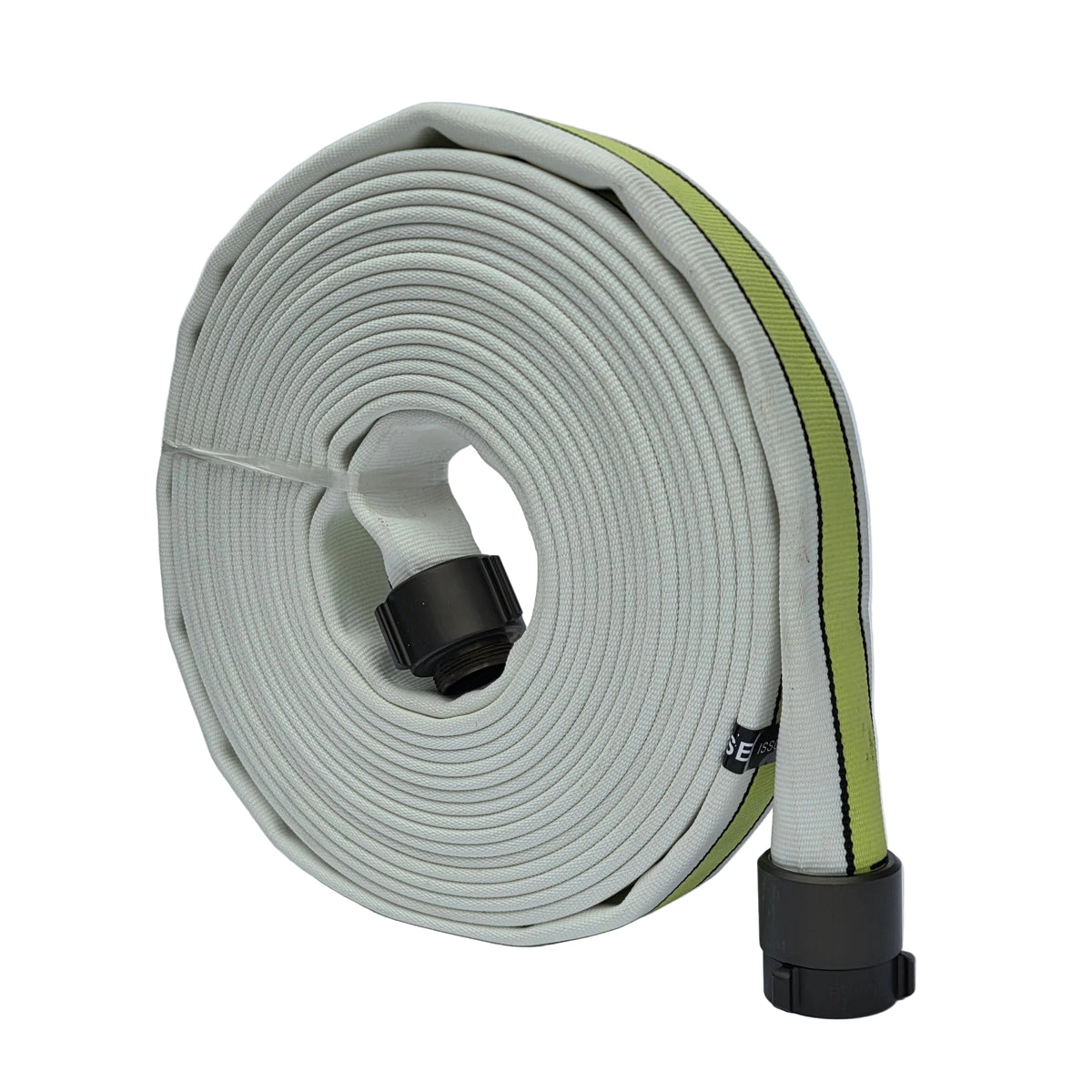 1.5-inch STRIKELINE double-jacket fire hose, white 50 ft roll with green centre stripe and black couplings