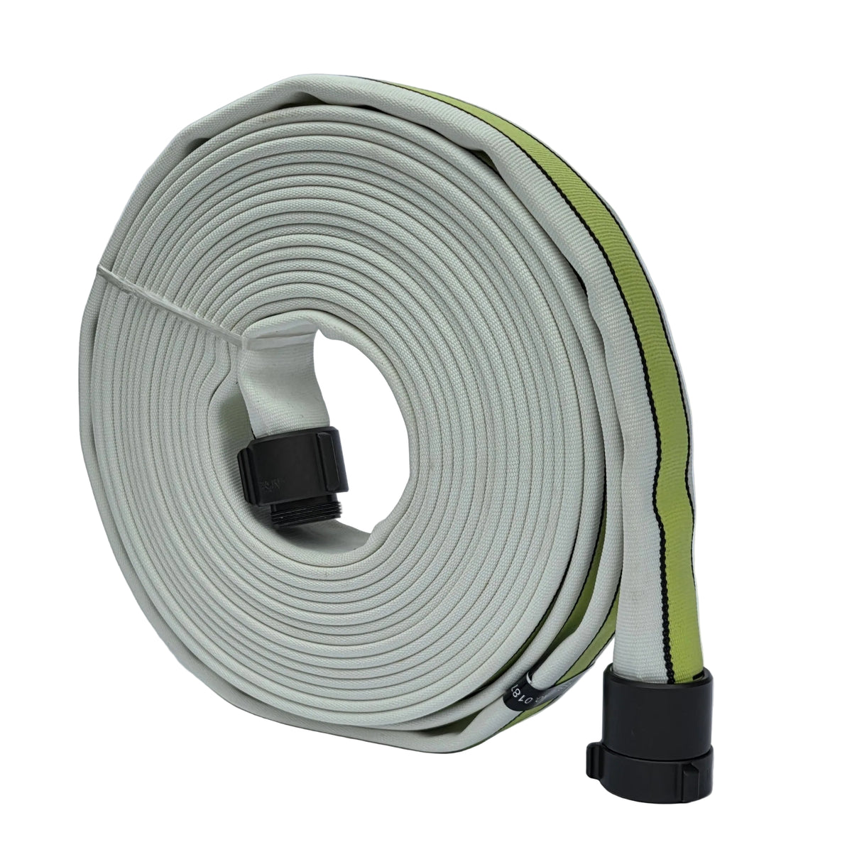 1.75-inch STRIKELINE double-jacket fire hose, white 50 ft roll with green centre stripe and black couplings
