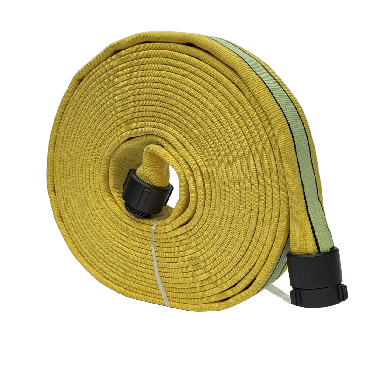 1.75-inch STRIKELINE double-jacket fire hose, yellow 50 ft roll with green centre stripe and black couplings