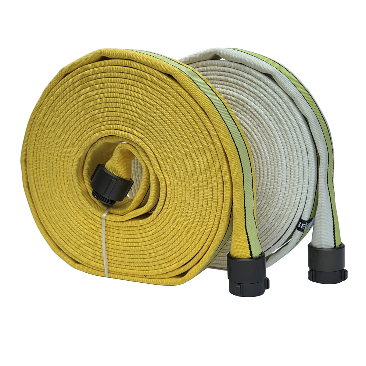 1.75-inch STRIKELINE double-jacket fire hose, yellow and white 50 ft rolls with green centre stripe, ULC listed
