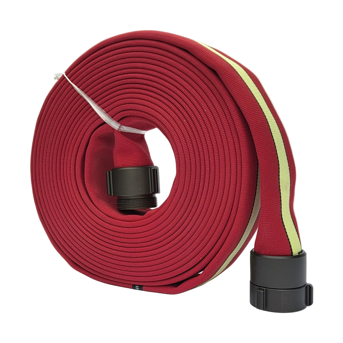 2.5-inch STRIKELINE double-jacket fire hose, red 50 ft roll with green centre stripe and black couplings