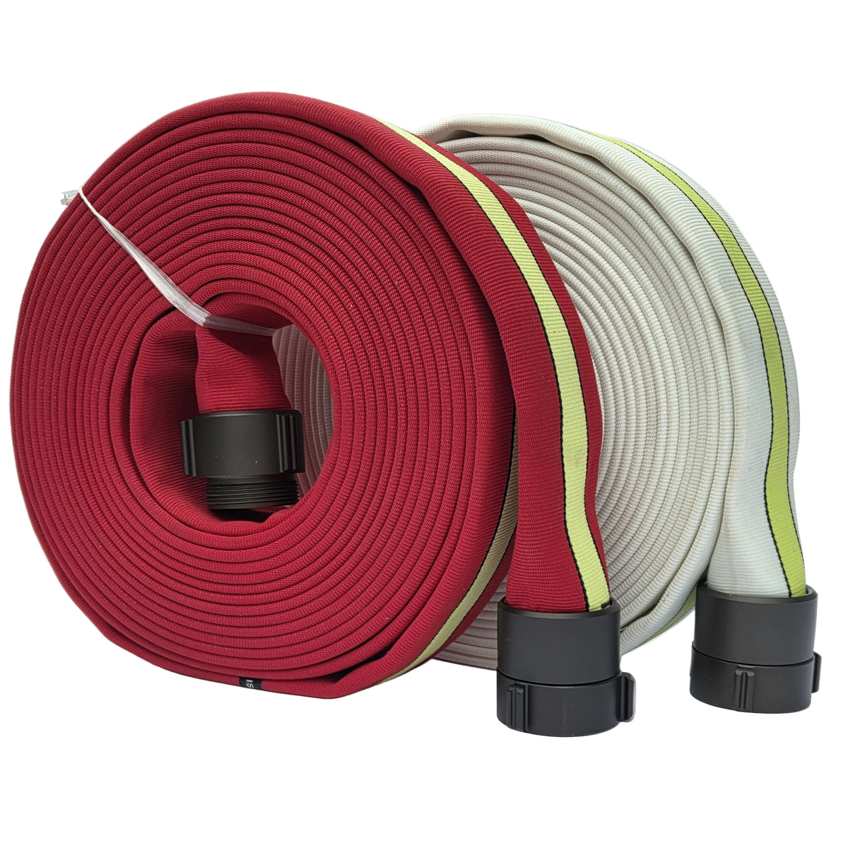 2.5-inch STRIKELINE double-jacket fire hose, red and white 50 ft rolls with green centre stripe, ULC listed