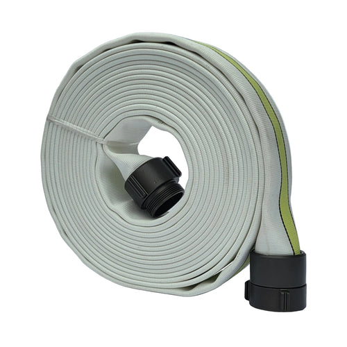 2.5-inch STRIKELINE double-jacket fire hose, white 50 ft roll with green centre stripe and black couplings